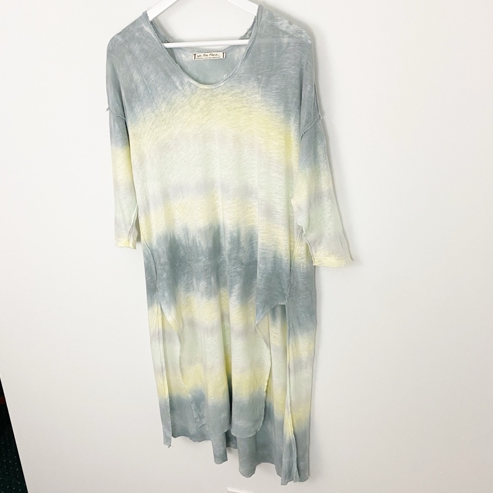 We The Free XS Blue and Yellow Tie-dye Linen Tunic Kaftan Shirt with Slits